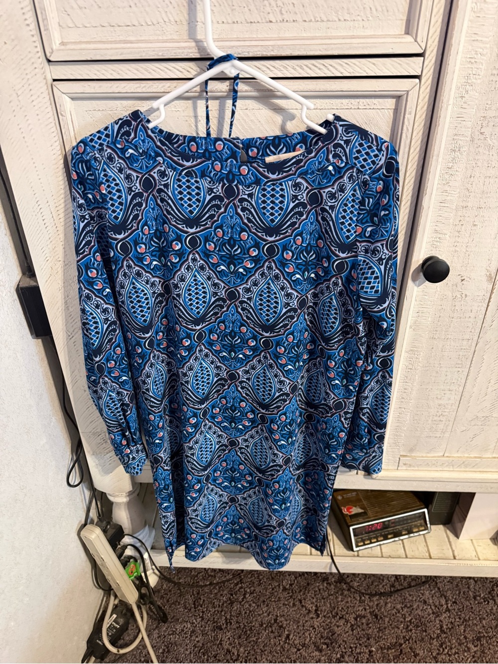 LOFT Blue Printed Long-Sleeve Shift Dress